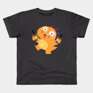 Orange Dino boba  Crazy over boba milk tea Kids T-Shirt